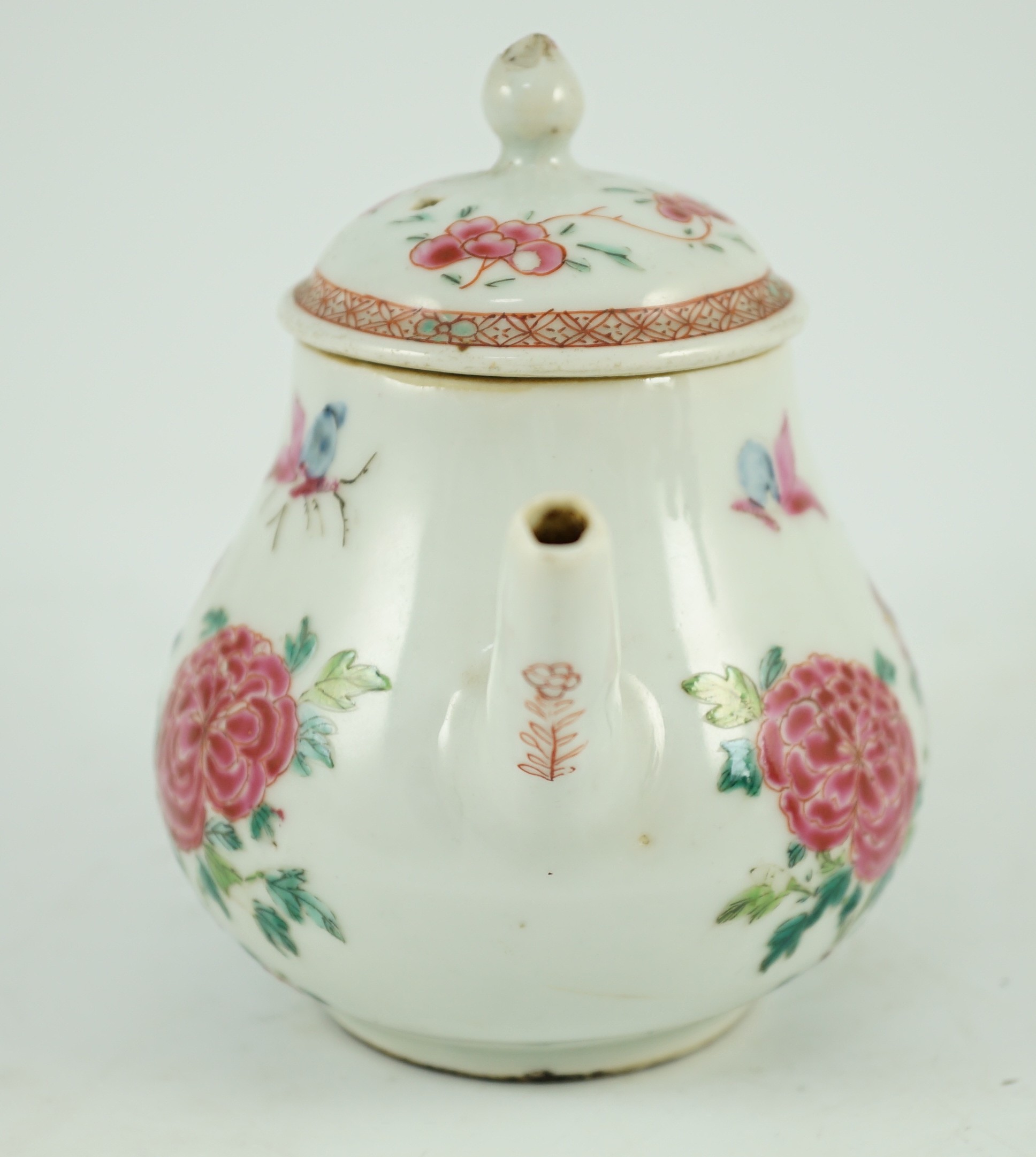 A Chinese famille rose ‘cockerel’ teapot, Yongzheng period, 12 cms high, 11.5cm high